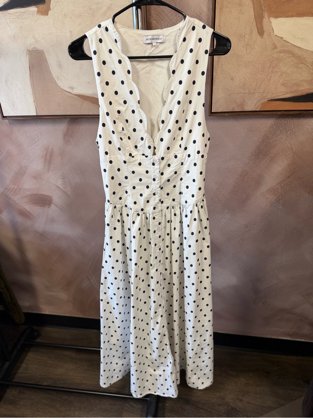 WEWOREWHAT Polka Dot Scallop Midi Dress in White and Black size L - Picture 3 of 7